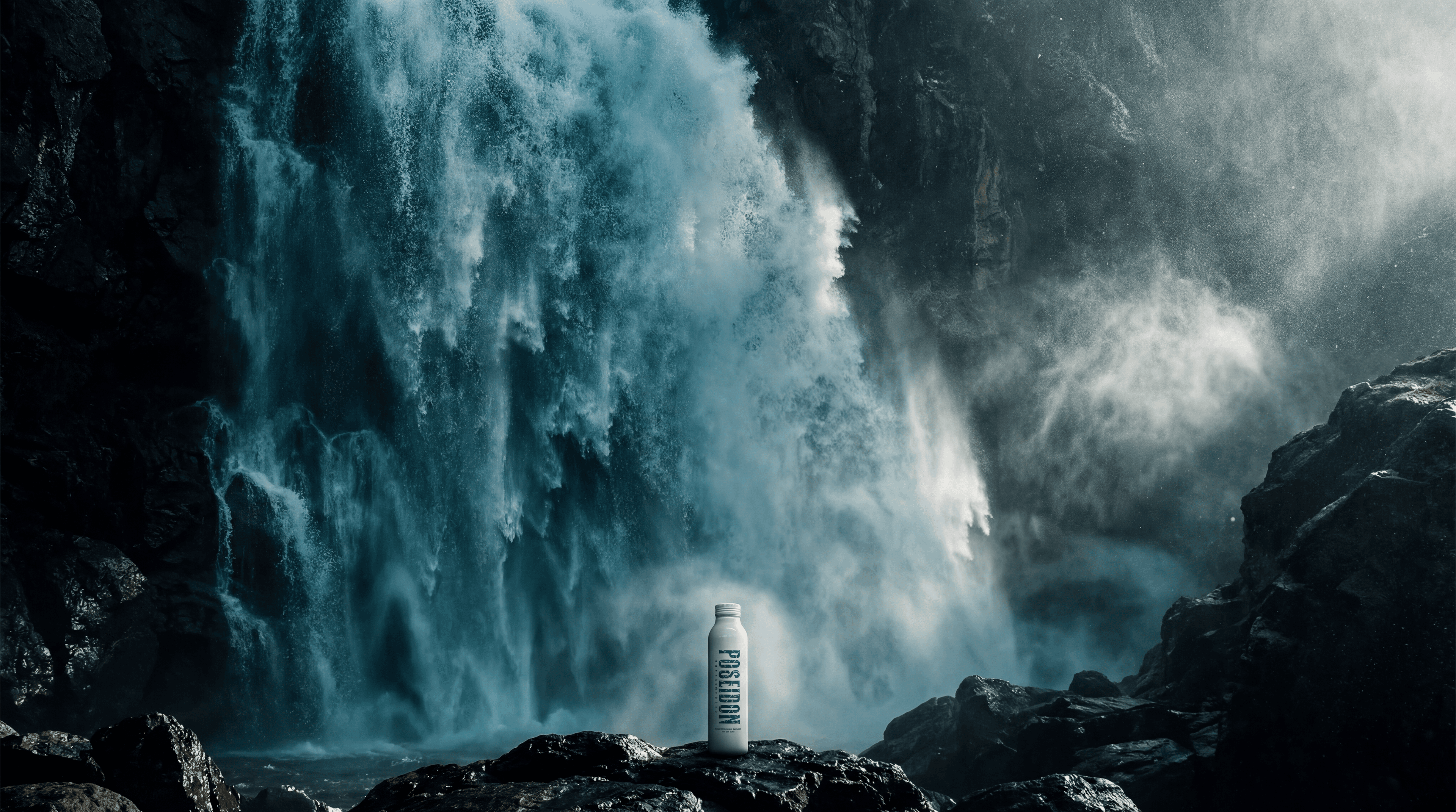 Poseidon bottle at the base of a massive waterfall