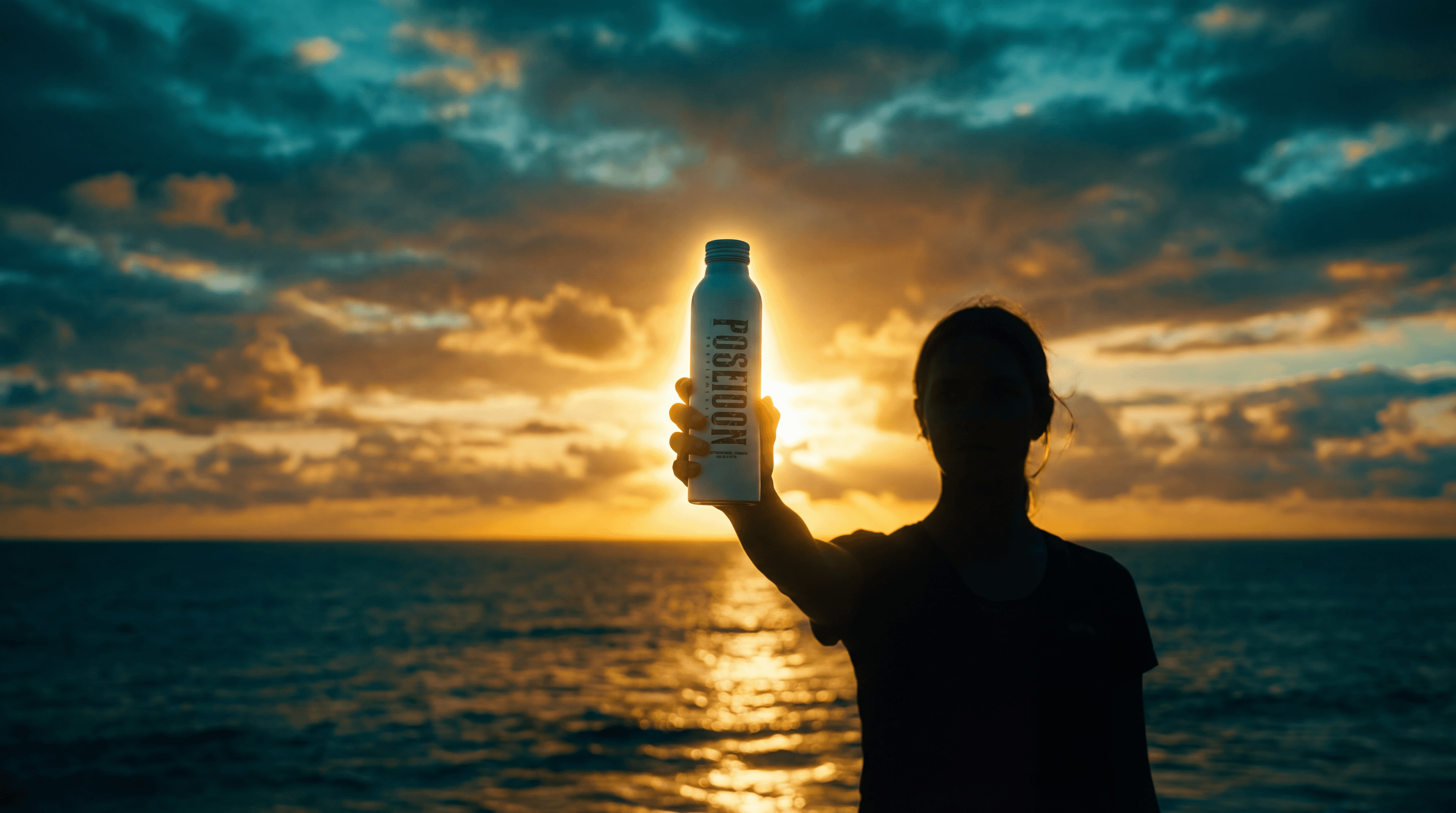 Silhouette holding Poseidon bottle against a dramatic ocean sunrise